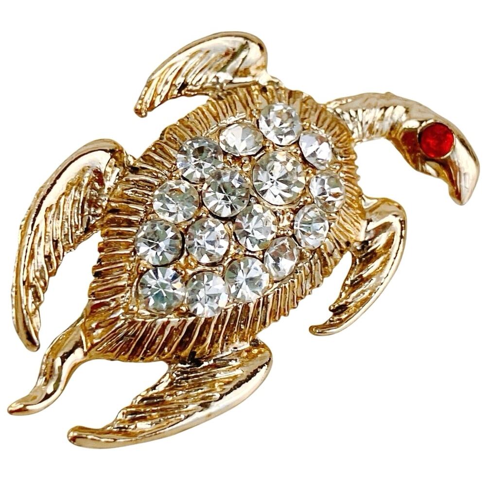 VTG Mid Century Turtle Brooch Gold Tone Red Rhinestones Eye Animal Jewelry